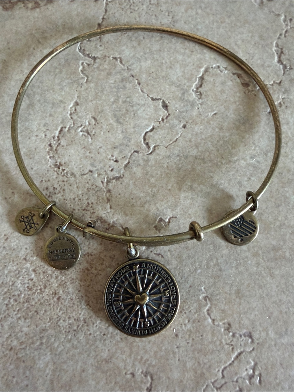 Alex and Ani Antique Gold Compass Charm Bangle Bracelet